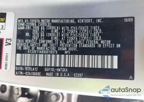 2009 Toyota Venza Base V6 из США, поврежденный, VIN 4T3ZK11A89U018978